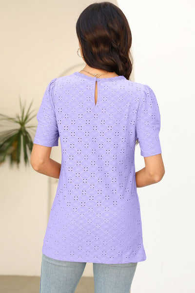 Eyelet Round Neck Short Sleeve T-Shirt