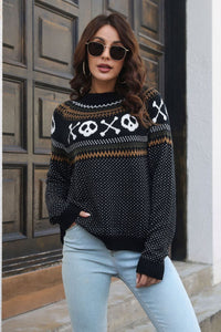 Skull Round Neck Long Sleeve Pullover Sweater