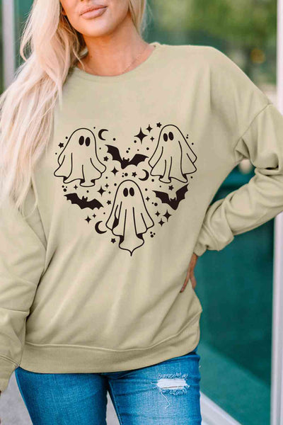 Round Neck Dropped Shoulder Ghost Graphic Sweatshirt