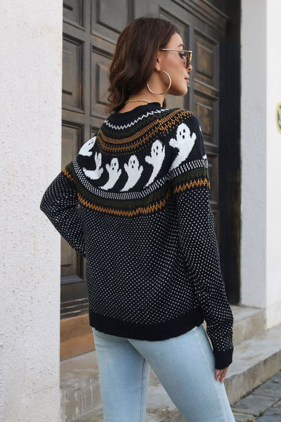 Skull Round Neck Long Sleeve Pullover Sweater
